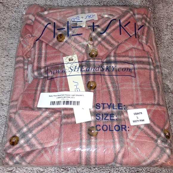 SHE + SKY Baby Pink Plaid Soft Fleece Lightweight Shacket - Picture 9 of 16